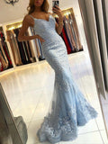 Chic Mermaid Spaghetti Straps Lace Long Prom Dresses Sky Blue Evening Dress CBD032