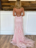 Chic Mermaid Spaghetti Straps Lace Prom Dresses Pink Applique Evening Gowns MHL2879|Selinadress