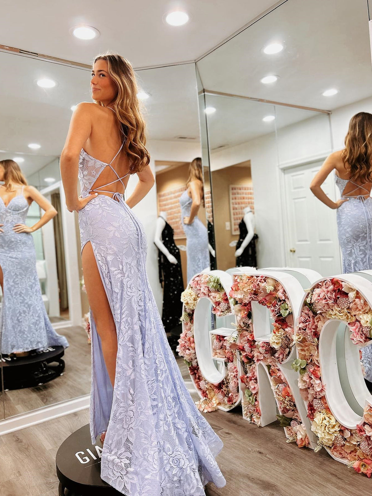 Chic Mermaid Spaghetti Straps Lavender Lace Long Prom Dress Elegant Party Dress #JKSS34 Chic Mermaid Spaghetti Straps Lavender Lace Long Prom Dress Elegant Party Dress #JKSS34