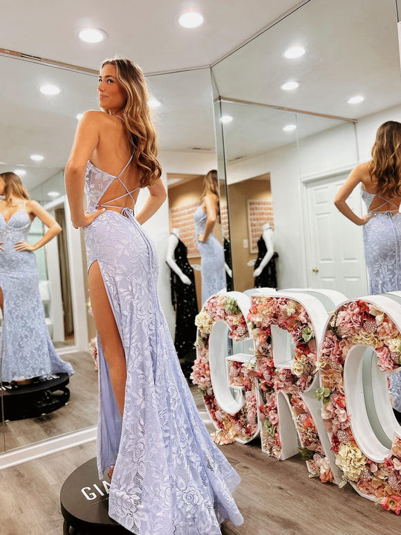 Chic Mermaid Spaghetti Straps Lavender Lace Long Prom Dress Elegant Party Dress #JKSS34|Selinadress