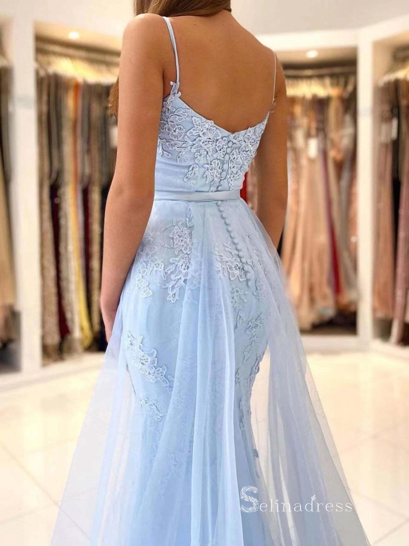 Chic Mermaid Spaghetti Straps Light Sky Blue Long Prom Dresses Appliqu SELINADRESS Chic Mermaid Spaghetti Straps Light Sky Blue Long Prom Dresses Appliqu SELINADRESS