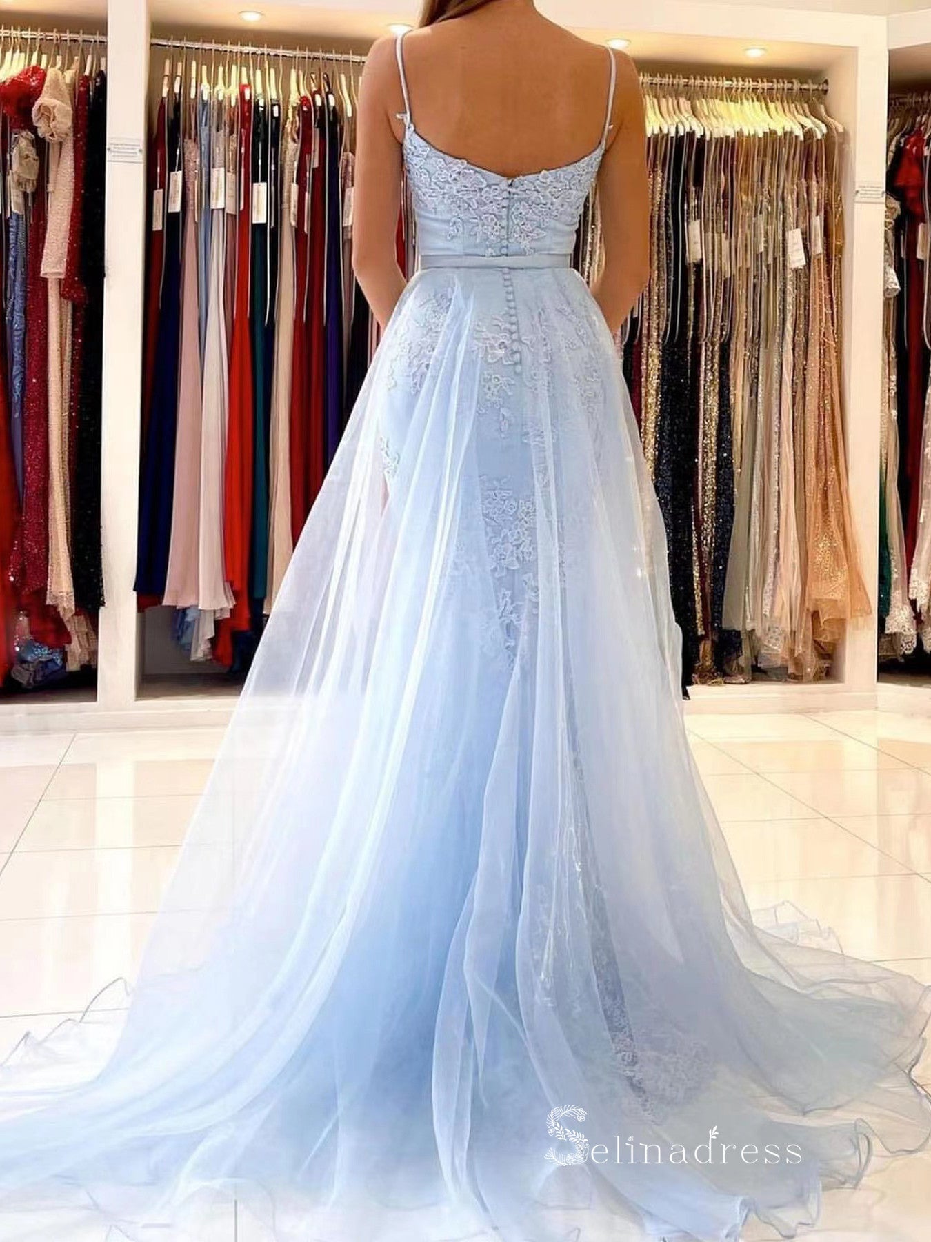 pale blue long dress Chic Mermaid Spaghetti Straps Light Sky Blue Long Prom Dresses Appliqu – SELINADRESS