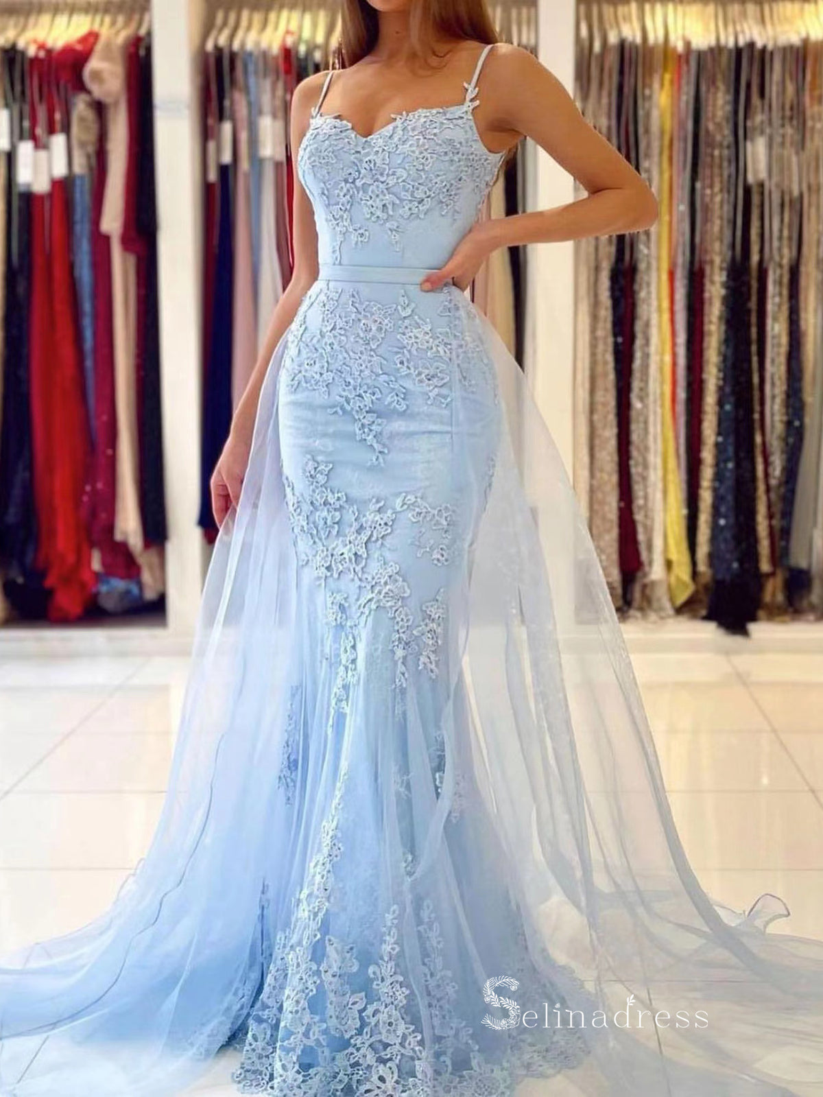 Chic Mermaid Spaghetti Straps Light Sky Blue Long Prom Dresses Appliqu SELINADRESS Chic Mermaid Spaghetti Straps Light Sky Blue Long Prom Dresses Appliqu SELINADRESS