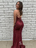 Chic Mermaid Spaghetti Straps Long Prom Dresses Sequins Burgundy Evening Dress CBD064