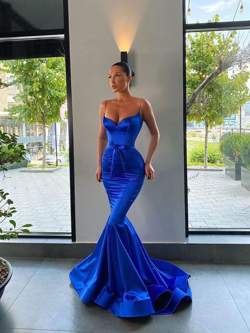 Chic Mermaid Spaghetti Straps Royal Blue Long Prom Dresses Cheap Satin Evening Gowns MLH054|Selinadress