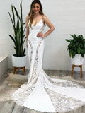 Chic Mermaid Spaghetti Straps Rustic Lace Wedding Gowns CBD302|Selinadress