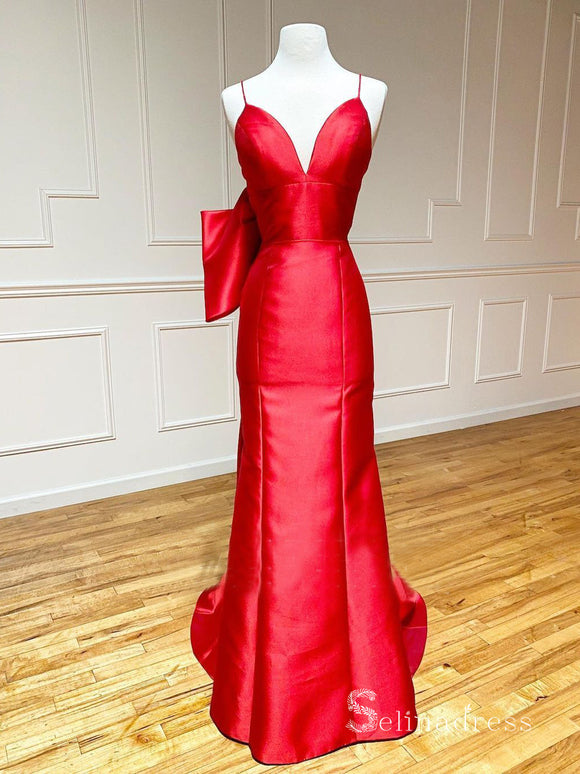 Chic Mermaid Spaghetti Straps Satin Long Prom Dresses With Bow Evening Dress CBD380|Selinadress