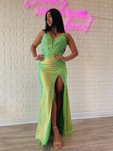 Chic Mermaid Spaghetti Straps Sequins Lace Long Prom Dress Green Elegant Evening Dress #JKSS56|Selinadress