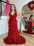 Chic Mermaid Spaghetti Straps Sequins Long Prom Dress Red Elegant Evening Dress #JKSS619|Selinadress