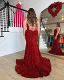 Chic Mermaid Spaghetti Straps Sequins Long Prom Dress Red Elegant Evening Dress #JKSS619|Selinadress