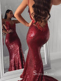 Chic Mermaid Spaghetti Straps Sequins Prom Dresses Sexy Long Evening Dress CBD039
