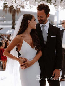 Chic Mermaid Spaghetti Straps White Wedding Dresses Satin Bridal Gowns CBD417|Selinadreess