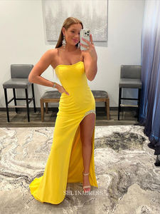 Chic Mermaid Strapless Yellow Long Prom Dresses Thigh Split Evening Dresses Pageant Dress TKL067|Selinadress