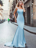 Chic Mermaid Square Light Sky Blue Long Prom Dresses Satin Evening Dress CBD401|Selinadress