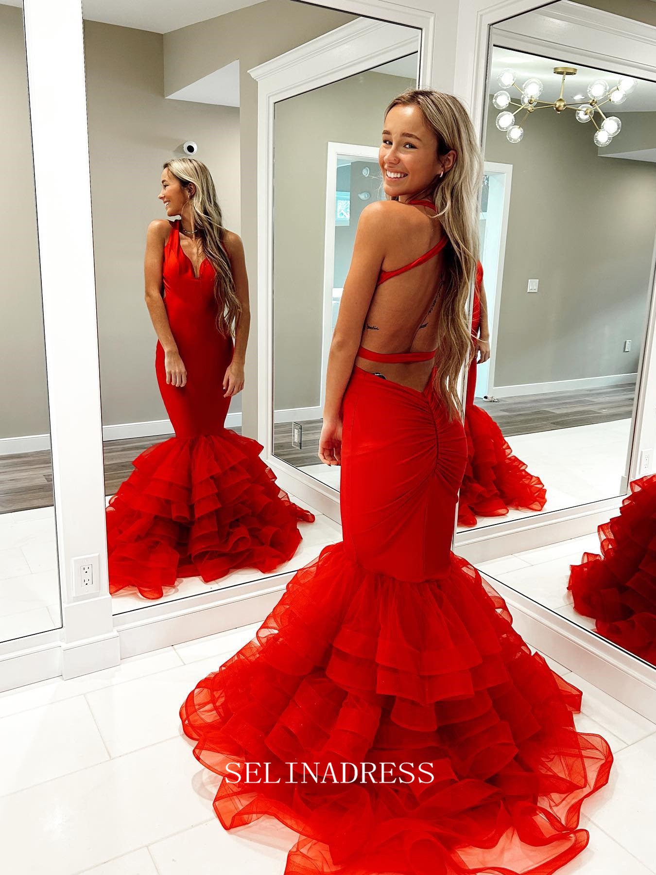 red prom dress with ruffles Chic Mermaid Straples Backless Elegant Red Prom Dress Cheap Formal Gow – SELINADRESS