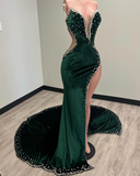 Chic Mermaid Strapless Beaded Long Prom Dress Thigh Split Elegant Evening Party Dress #JKSS617|Selinadress