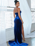 Chic Mermaid Strapless Blue Velvet Long Prom Dresses Cheap Evening Gowns MLH057