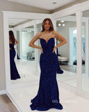 Chic Mermaid Strapless Royal Blue Sequins Long Prom Dress Elegant Evening Dress #LOP806|Selinadress