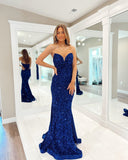 Chic Mermaid Strapless Royal Blue Sequins Long Prom Dress Elegant Evening Dress #LOP806|Selinadress