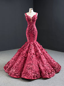 Chic Mermaid Straps luxury Long Prom Dress Burgundy 3D Floral Evening Gowns MLH0455|Selinadress