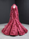 Chic Mermaid Straps luxury Long Prom Dress Burgundy 3D Floral Evening Gowns MLH0455|Selinadress