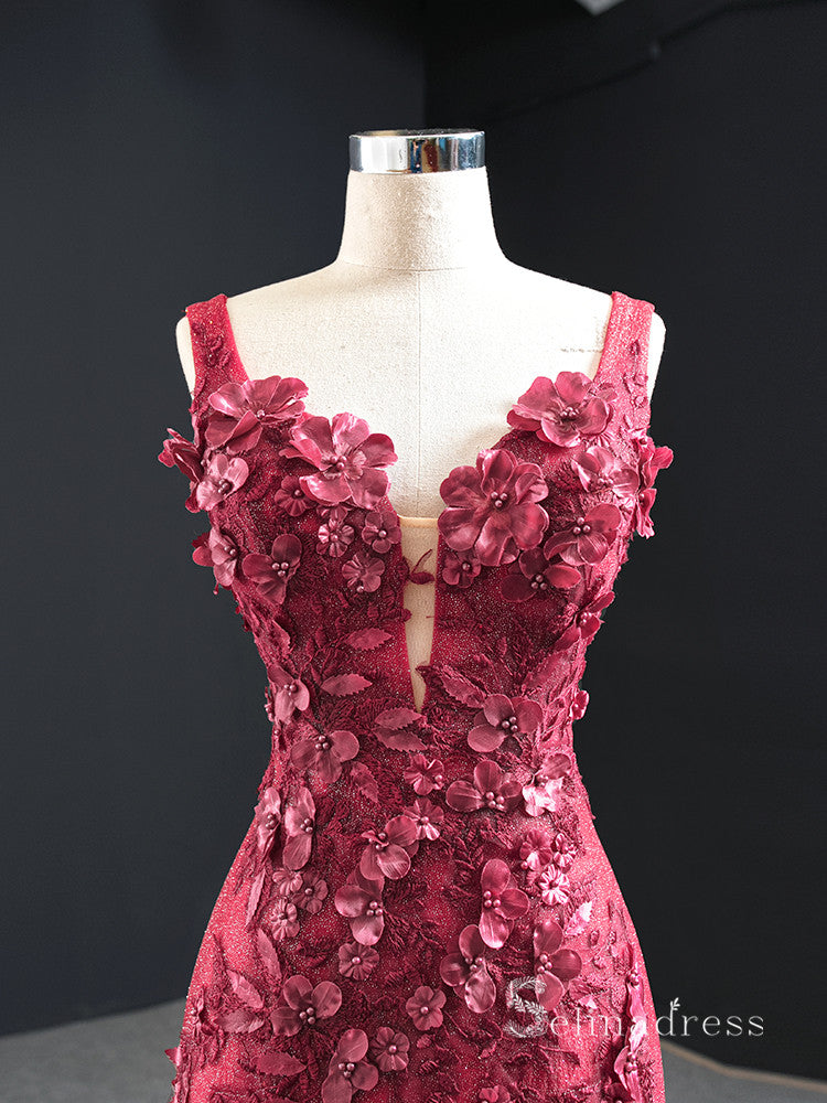 Chic Mermaid Straps luxury Long Prom Dress Burgundy 3D Floral Evening Gowns MLH0455 Chic Mermaid Straps luxury Long Prom Dress Burgundy 3D Floral Evening Gowns MLH0455