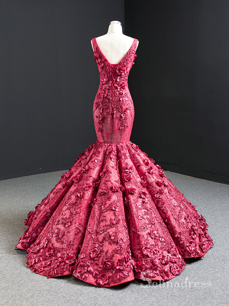 Chic Mermaid Straps luxury Long Prom Dress Burgundy 3D Floral Evening SELINADRESS Chic Mermaid Straps luxury Long Prom Dress Burgundy 3D Floral Evening SELINADRESS
