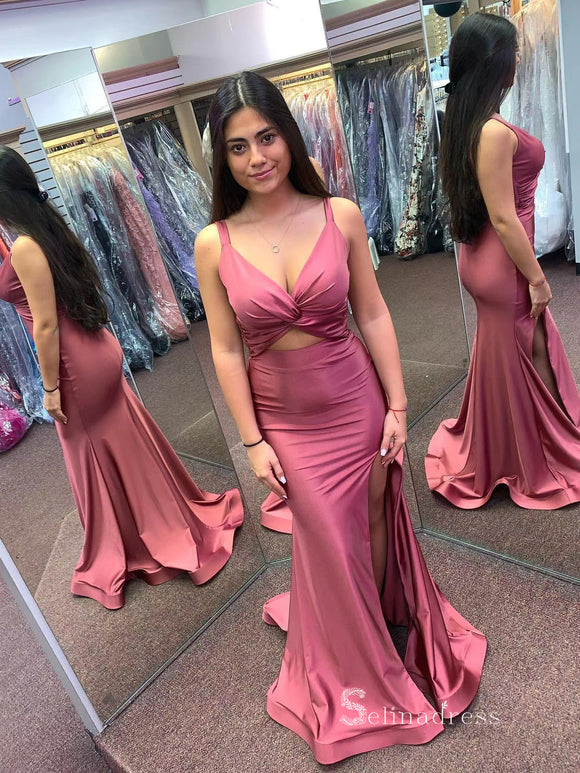 Chic Mermaid Straps Rose Pink Long Prom Dresses Simple Cheap Evening Gowns MLK037|Selinadress