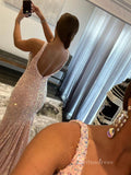 Chic Mermaid Straps Pink Long Prom Dresses Sparkly Sequins Evening Bridal Gowns MLK035|Selinadress