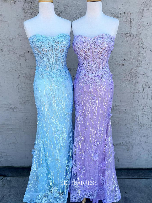 Chic Mermaid Sweetheart Lilac Prom Dresses Applique Long Evening Dress Beaded Formal Dresses TKL082|Selinadress