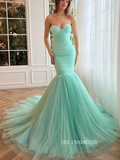 Chic Mermaid Sweetheart Long Prom Dresses Tulle Mint Green Evening Dresses jkw230|Selinadress