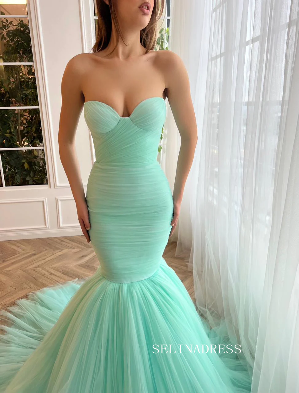 mint green mermaid prom dress Zapaka Women Mint Green Mermaid Long Prom Dress with Slit Sweetheart Beaded Satin Corset Lace Up Back Party Dress with Rhinestones, Mint Green / US24W