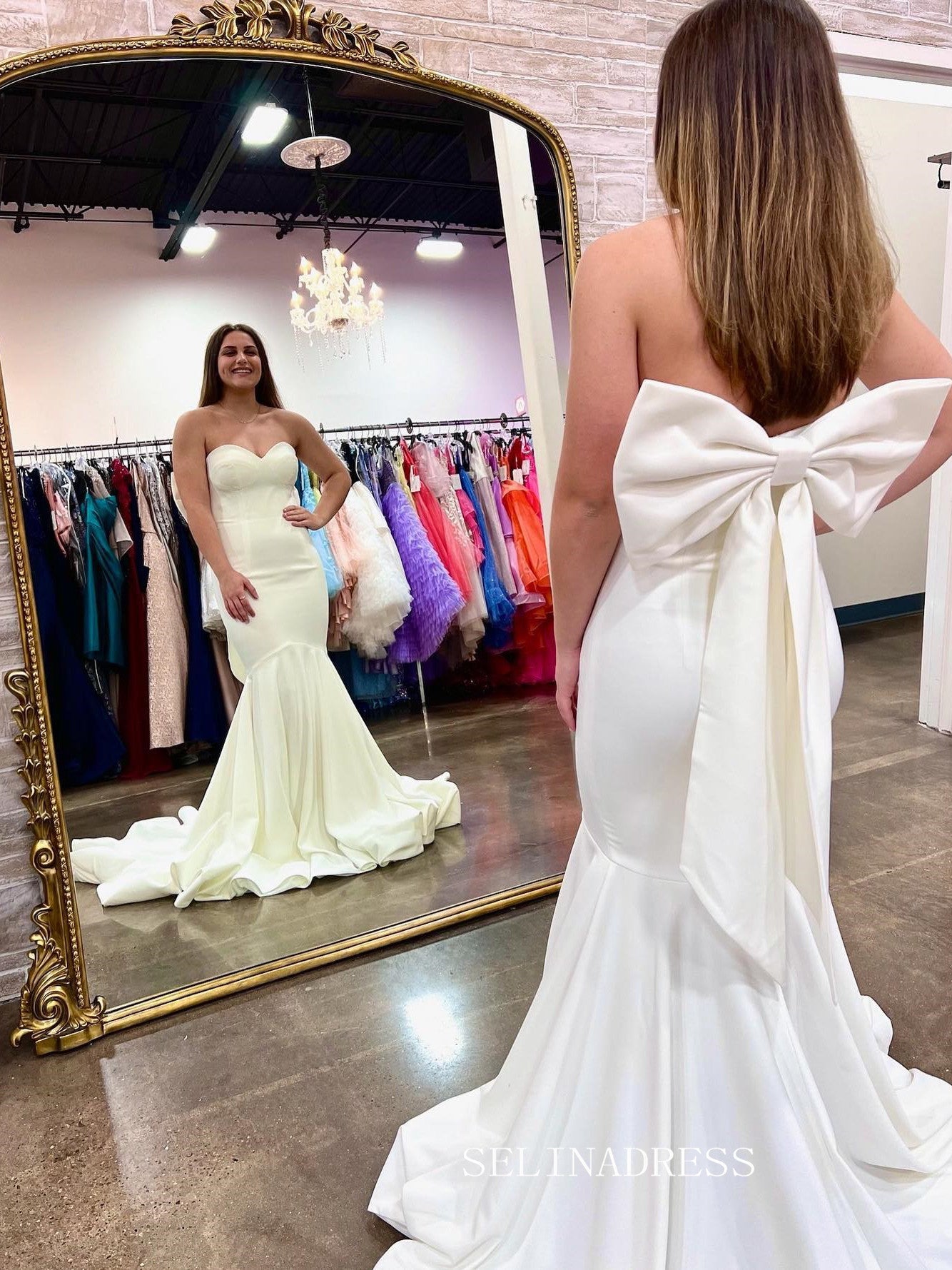 Chic Mermaid Sweetheart White Long Prom Dress Back Bow Elegant Evening SELINADRESS Chic Mermaid Sweetheart White Long Prom Dress Back Bow Elegant Evening SELINADRESS