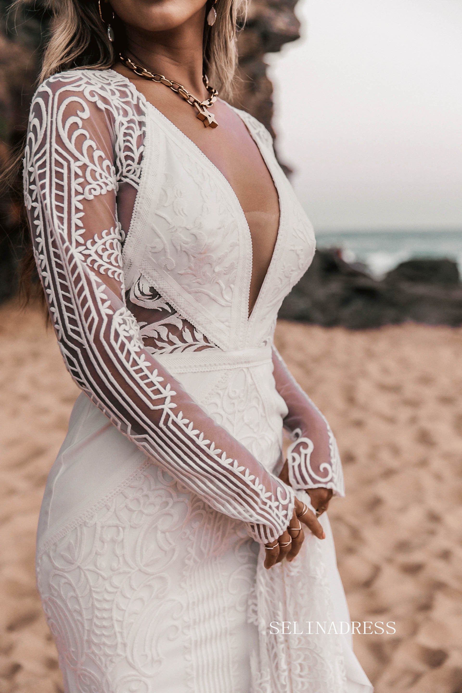 Chic Mermaid V neck Boho Wedding Dress Rustic Long Sleeve Lace Wedding SELINADRESS Chic Mermaid V neck Boho Wedding Dress Rustic Long Sleeve Lace Wedding SELINADRESS