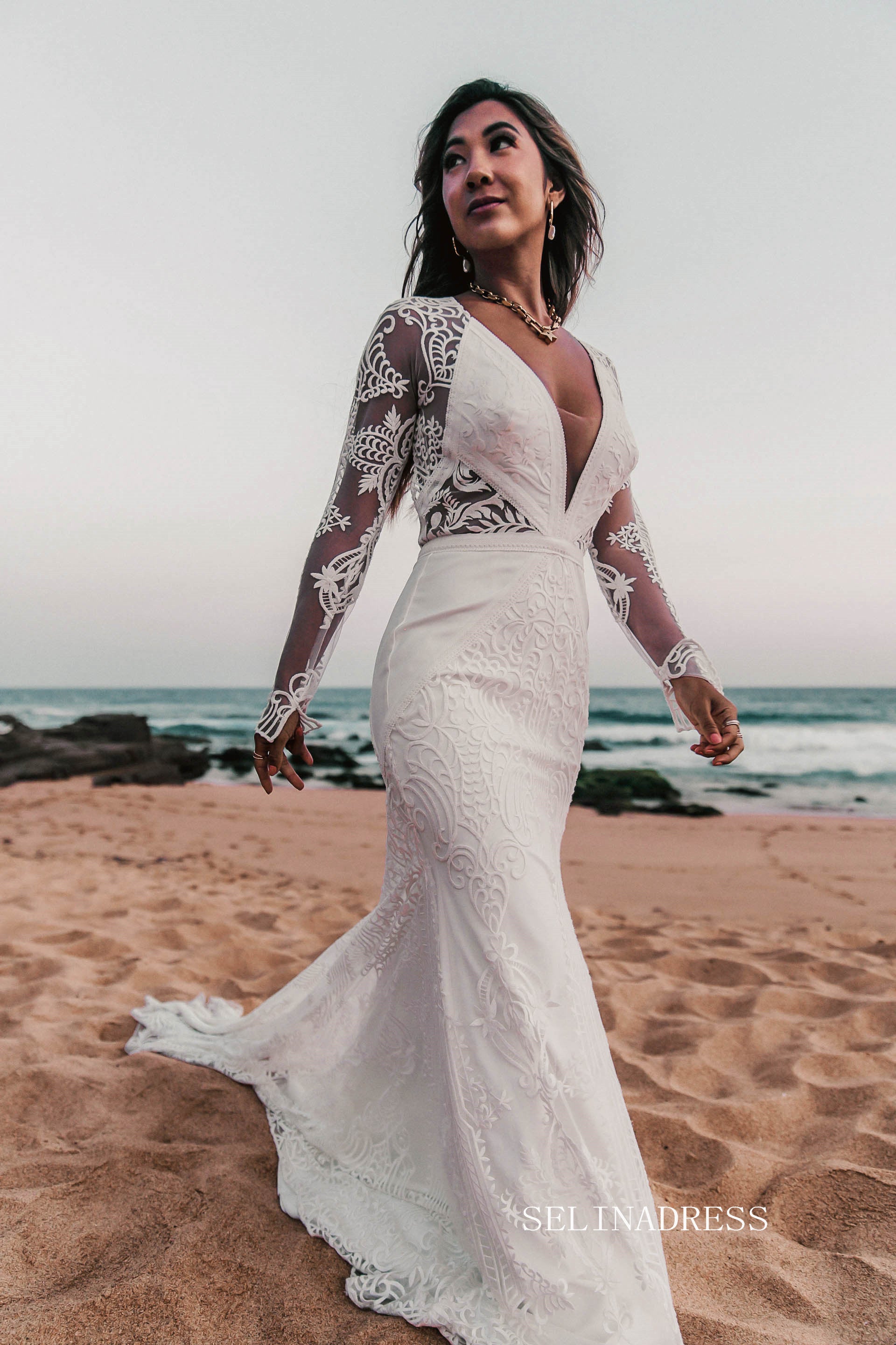 Mermaid Silhouette Wedding Dress Satin Lace Applique Wedding Dress - Long Sleeve V-Neck Mermaid Gown, Boho Beach Bride, Simple & Elegant Open Back Lace Applique Dress Mermaid Silhouette Wedding Dress Satin Lace Applique Wedding Dress - Long Sleeve V-Neck Mermaid Gown, Boho Beach Bride, Simple & Elegant Open Back Lace Applique Dress