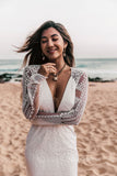 Chic Mermaid V neck Boho Wedding Dress Rustic Long Sleeve Lace Wedding Gowns MLS044