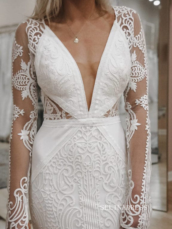Chic Mermaid V neck Boho Wedding Dress Rustic Long Sleeve Lace Wedding SELINADRESS Chic Mermaid V neck Boho Wedding Dress Rustic Long Sleeve Lace Wedding SELINADRESS