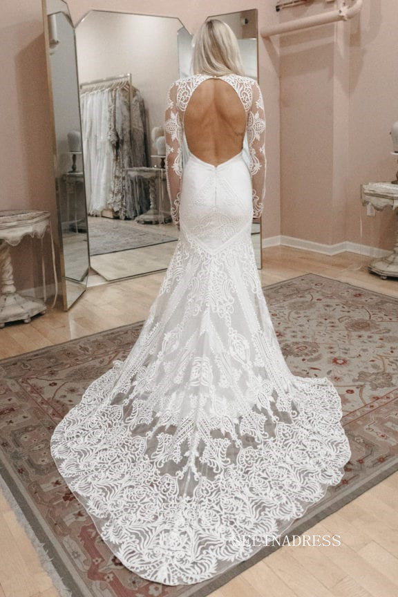 Chic Mermaid V neck Boho Wedding Dress Rustic Long Sleeve Lace Wedding SELINADRESS Chic Mermaid V neck Boho Wedding Dress Rustic Long Sleeve Lace Wedding SELINADRESS