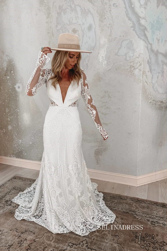 Chic Mermaid V neck Boho Wedding Dress Rustic Long Sleeve Lace Wedding SELINADRESS Chic Mermaid V neck Boho Wedding Dress Rustic Long Sleeve Lace Wedding SELINADRESS