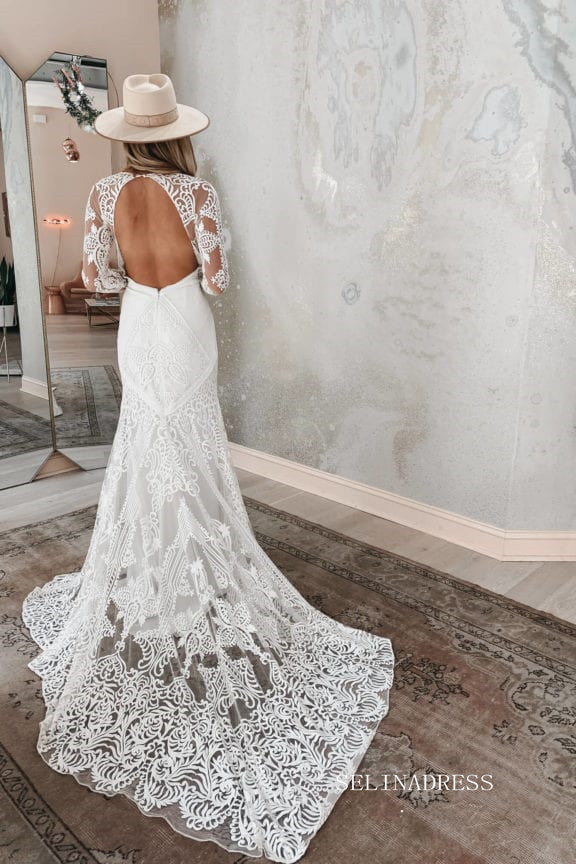 Chic Mermaid V neck Boho Wedding Dress Rustic Long Sleeve Lace Wedding SELINADRESS Chic Mermaid V neck Boho Wedding Dress Rustic Long Sleeve Lace Wedding SELINADRESS