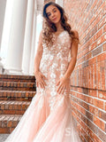 Chic Mermaid V neck Lace Long Prom Dresses Applique Evening Gowns CBD538