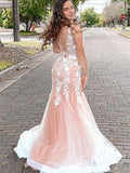 Chic Mermaid V neck Lace Long Prom Dresses Applique Evening Gowns CBD538|Selinadress