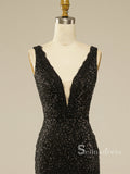 Chic Mermaid V neck Lace Long Prom Dresses Black Evening Dress MLK0493|Selinadress