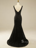 Chic Mermaid V neck Lace Long Prom Dresses Black Evening Dress MLK0493|Selinadress