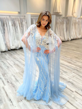 Chic Mermaid V neck Light Sky Blue Prom Dresses Long Evening Gowns MSK014|Selinadress