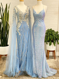 Chic Mermaid V neck Light Sky Blue Prom Dresses Long Evening Gowns MSK014|Selinadress