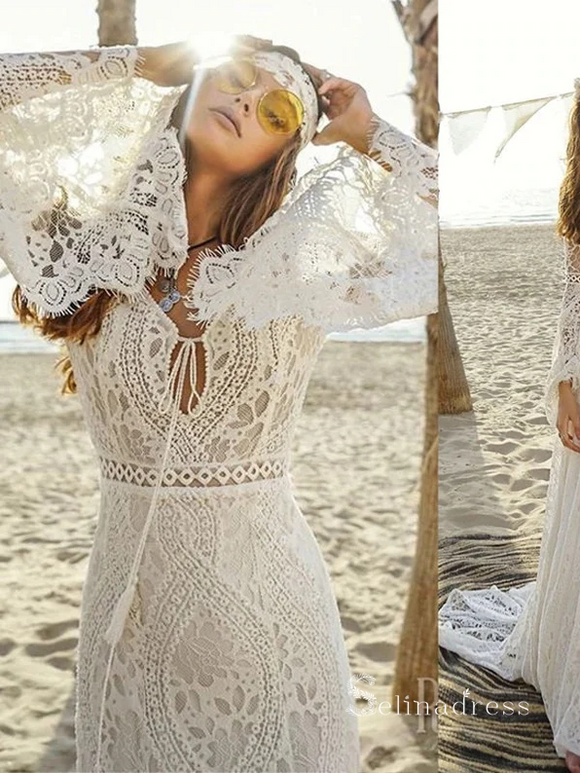 Chic Mermaid V neck Long Sleeve Boho Wedding Dress Bohemian Bridal Gowns MLH0483|Selinadress
