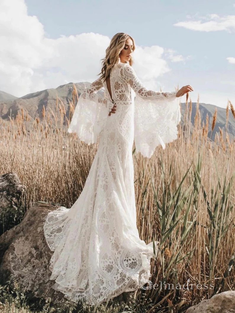 Chic Mermaid V neck Long Sleeve Boho Wedding Dress Bohemian Bridal Gowns MLH0483 Chic Mermaid V neck Long Sleeve Boho Wedding Dress Bohemian Bridal Gowns MLH0483