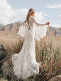 Chic Mermaid V neck Long Sleeve Boho Wedding Dress Bohemian Bridal Gowns MLH0483|Selinadress