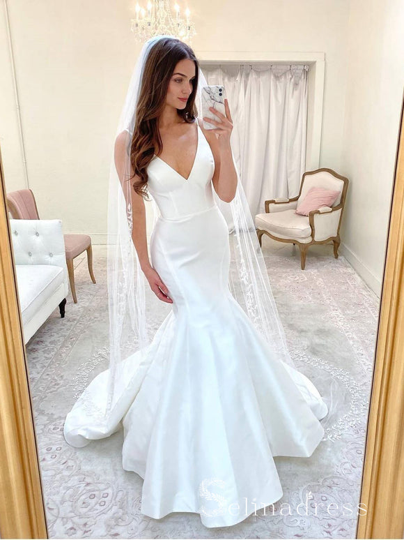 Chic Mermaid V neck Satin Wedding Dresses White Bridal Gowns CBD256|Selinadress